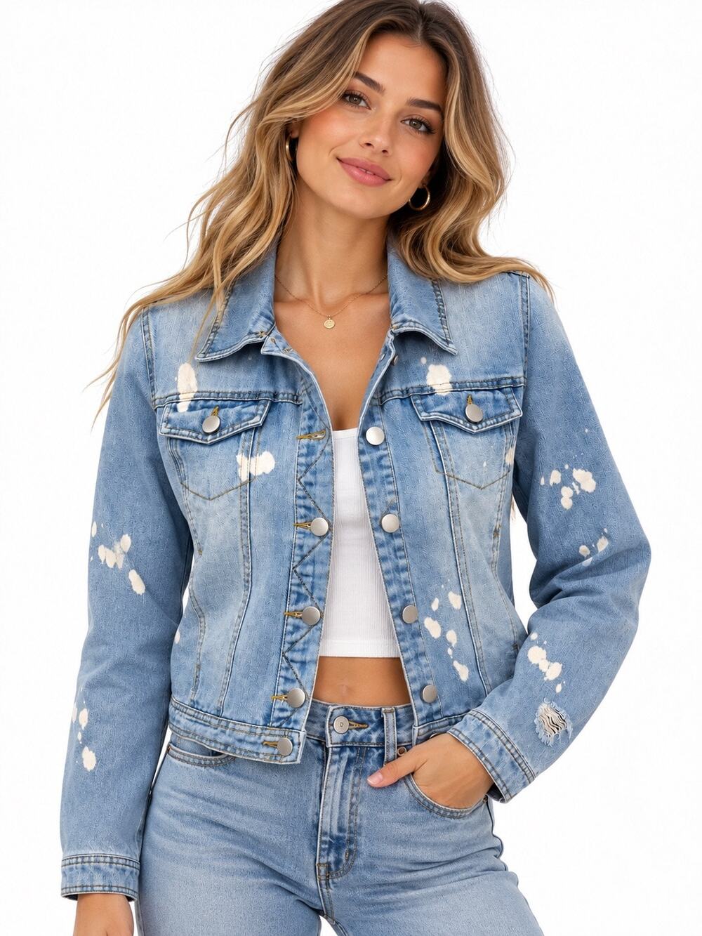 Active USA Denim Jacket Women’s Size L Light Wash Distressed Paint Splatter